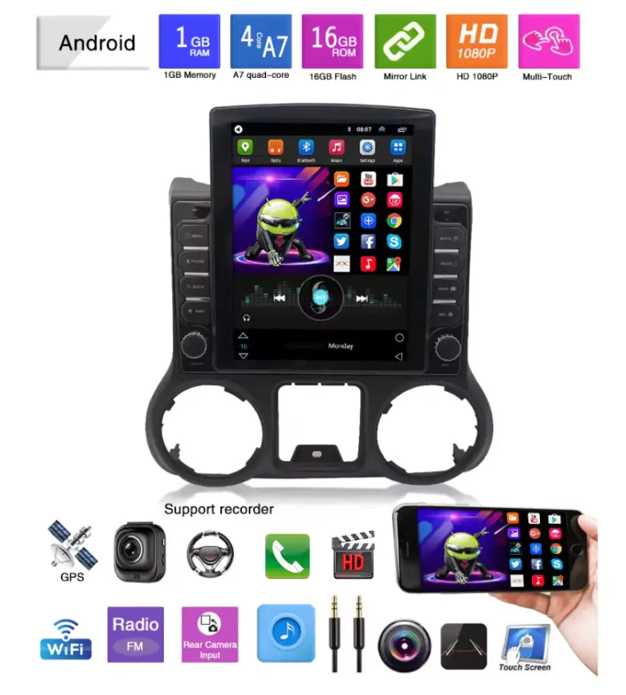 2010-2018 Jeep Wrangler Car Radio Stereo Carplay & Android Auto Tesla-Style Vertical 9.7Inch Screen