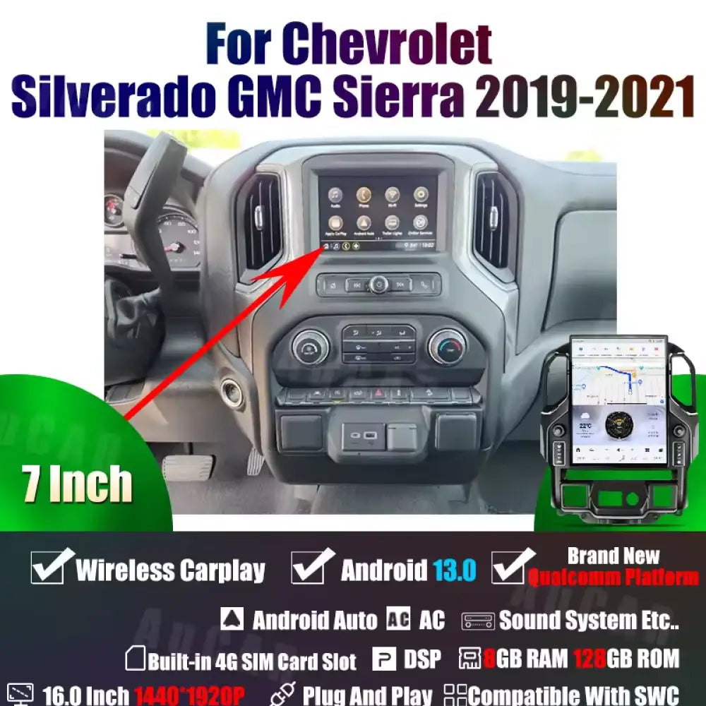 Gmc Sierra Chevrolet Silverado 2019-2023 Wireless Carplay & Android Auto 15.6’’ Tesla-Style